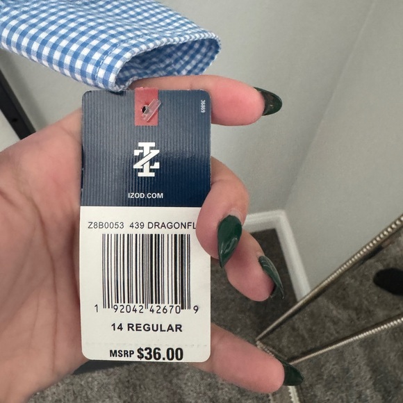 Izod Kids Blue Checkered Button Down Shirt with clip on Tie - Picture 2 of 5